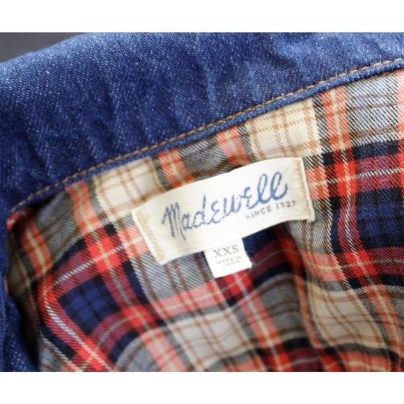 Madewell Denim Jean Plaid Insert Trucker Jacket Size XXS 2XS Cropped Fall - Picture 6 of 8